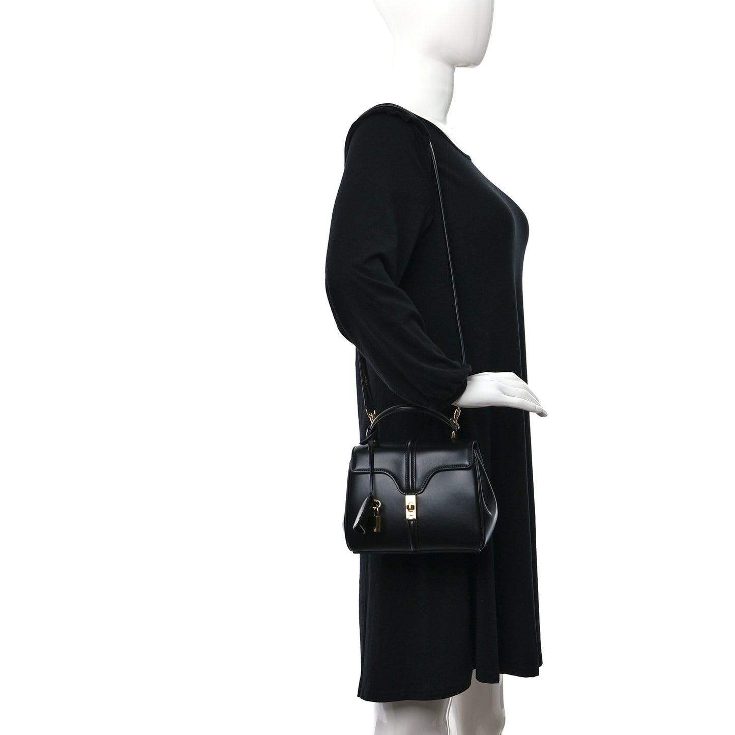 Satinated Calfskin Mini 16 Top Handle Bag Black