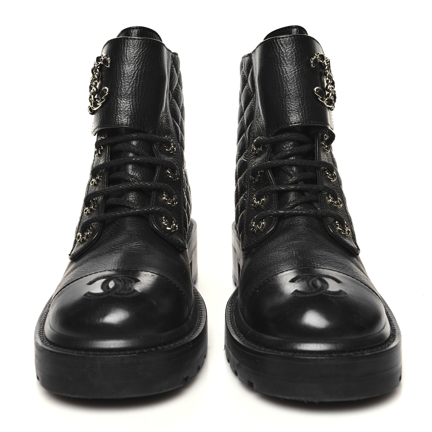Shiny Calfskin Quilted Lace Up Combat Boots 39 Black
