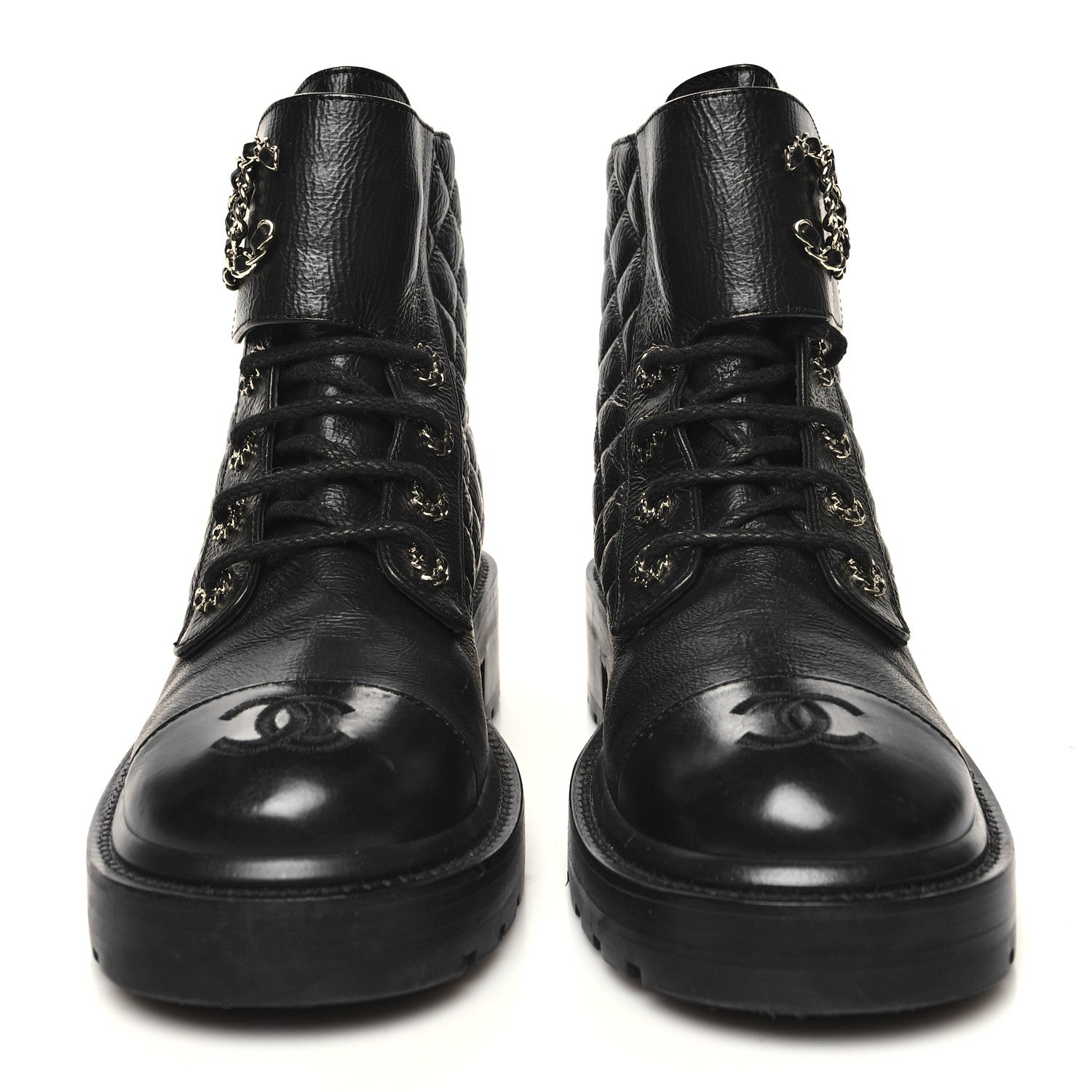 Chanel Shiny Calfskin Quilted Lace Up Combat Boots 39 Black 2 of 9