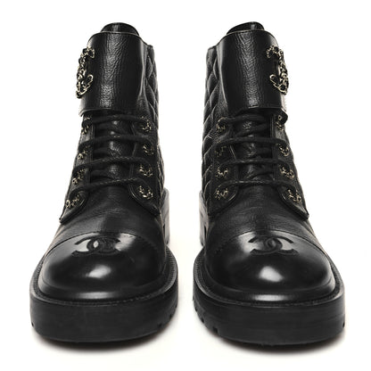 Chanel Shiny Calfskin Quilted Lace Up Combat Boots 39 Black 2 of 9
