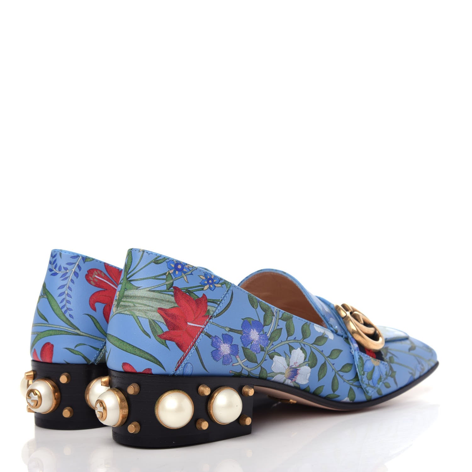 Gucci Apollo Calfskin Web Pearl New Flora Peyton 35mm Loafer Pumps 37.5 Azure 4 of 11