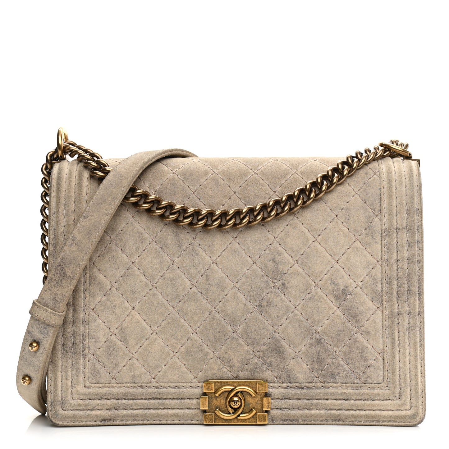 Iridescent Calfskin Quilted Large Boy Flap Beige