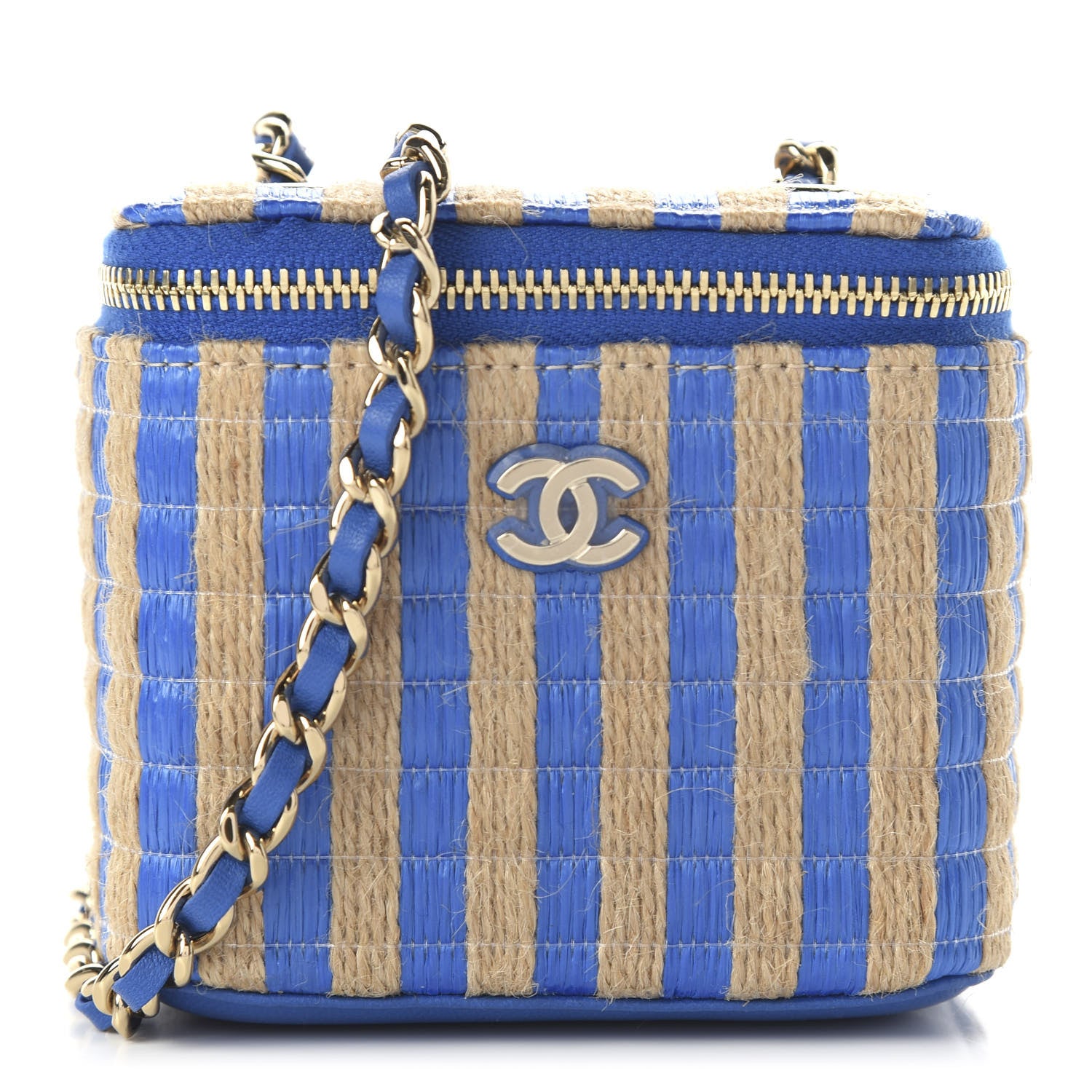 Chanel Raffia Jute Striped Mini Vanity Case With Chain Blue Beige 1 of 11