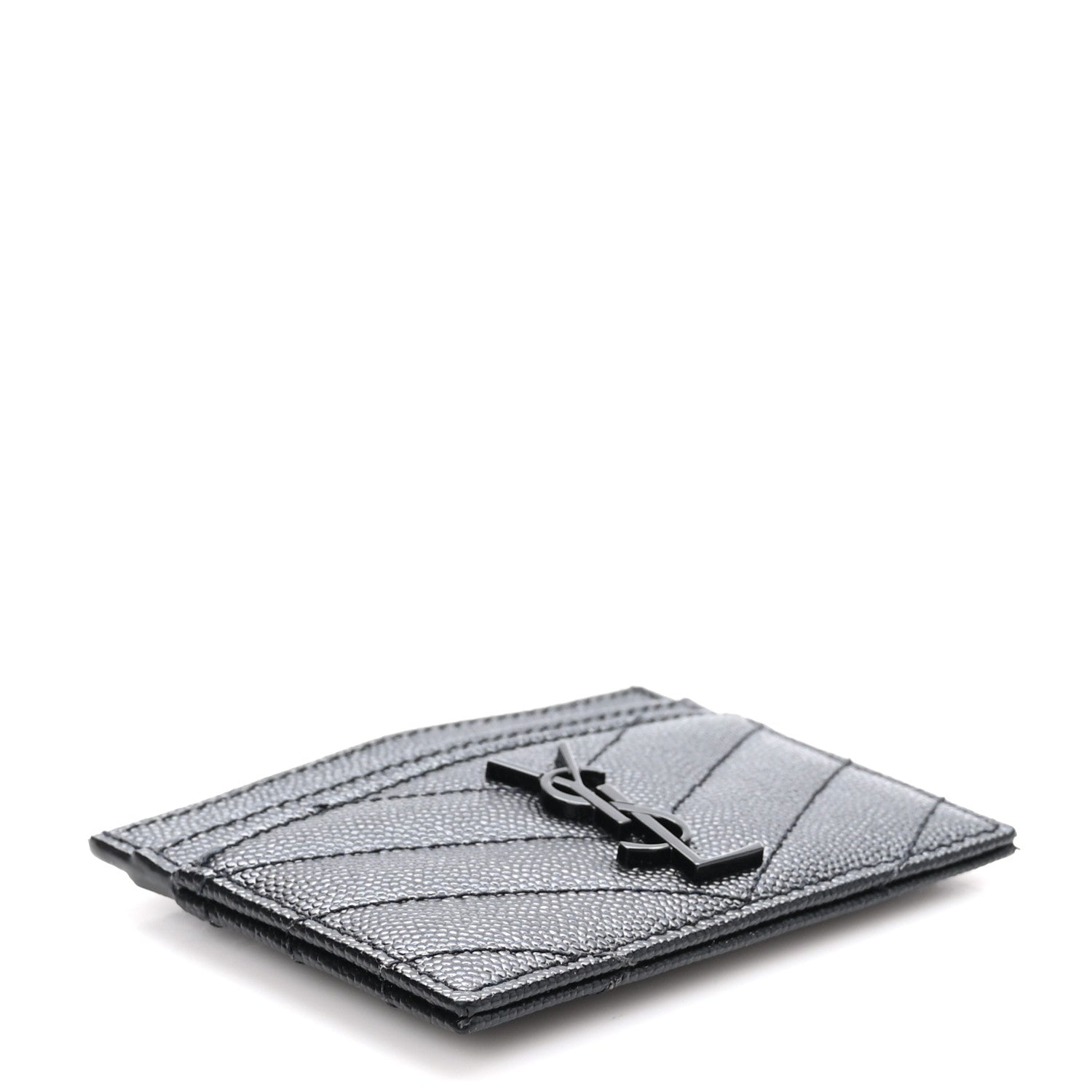 Saint Laurent Grain De Poudre Matelasse Chevron Monochrome Monogram Credit Card Case Black 4 of 11