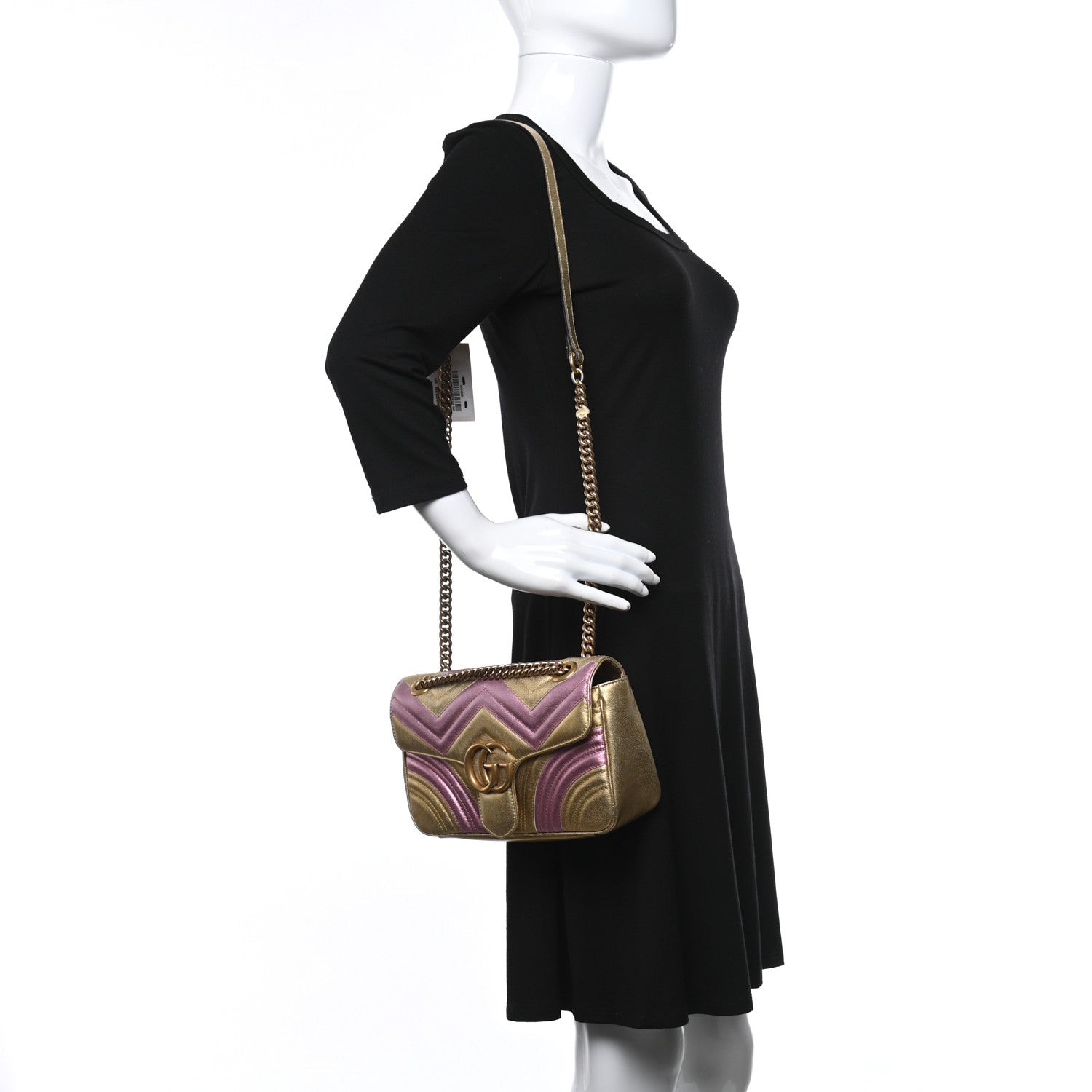 Gucci Metallic Calfskin Matelasse Small GG Marmont Shoulder Bag Gold Pink 2 of 9