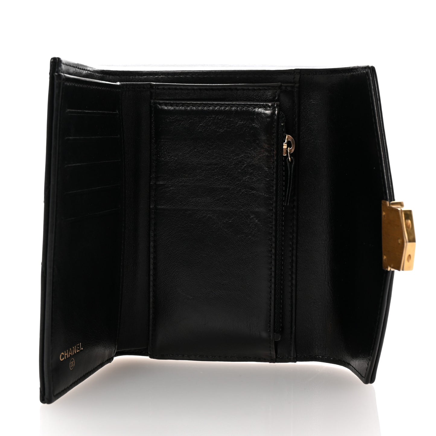 Calfskin Chevron Quilted Medal Flap Wallet Black