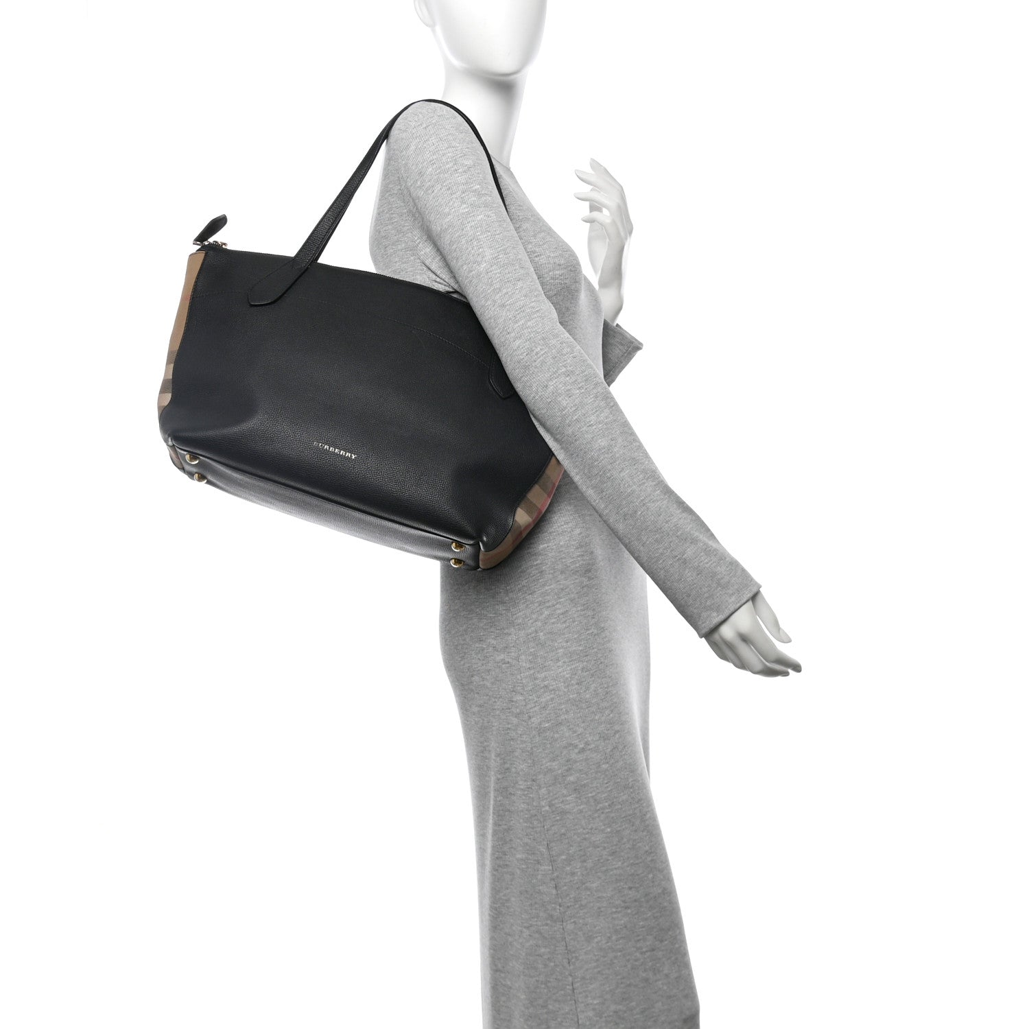 Burberry Derby Calfskin House Check Medium Welburn Tote  Black 2 of 11