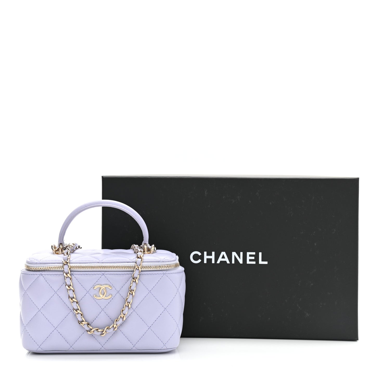 Lambskin Quilted Small Top Handle Vanity Case With Chain Light Purple