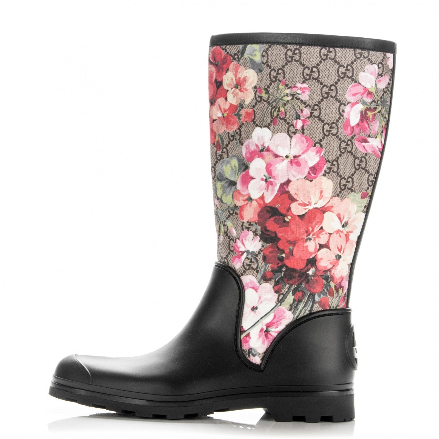 Gucci GG Supreme Monogram Blooms Flat Rubber Boots 38 Beige Multicolor 1 of 6