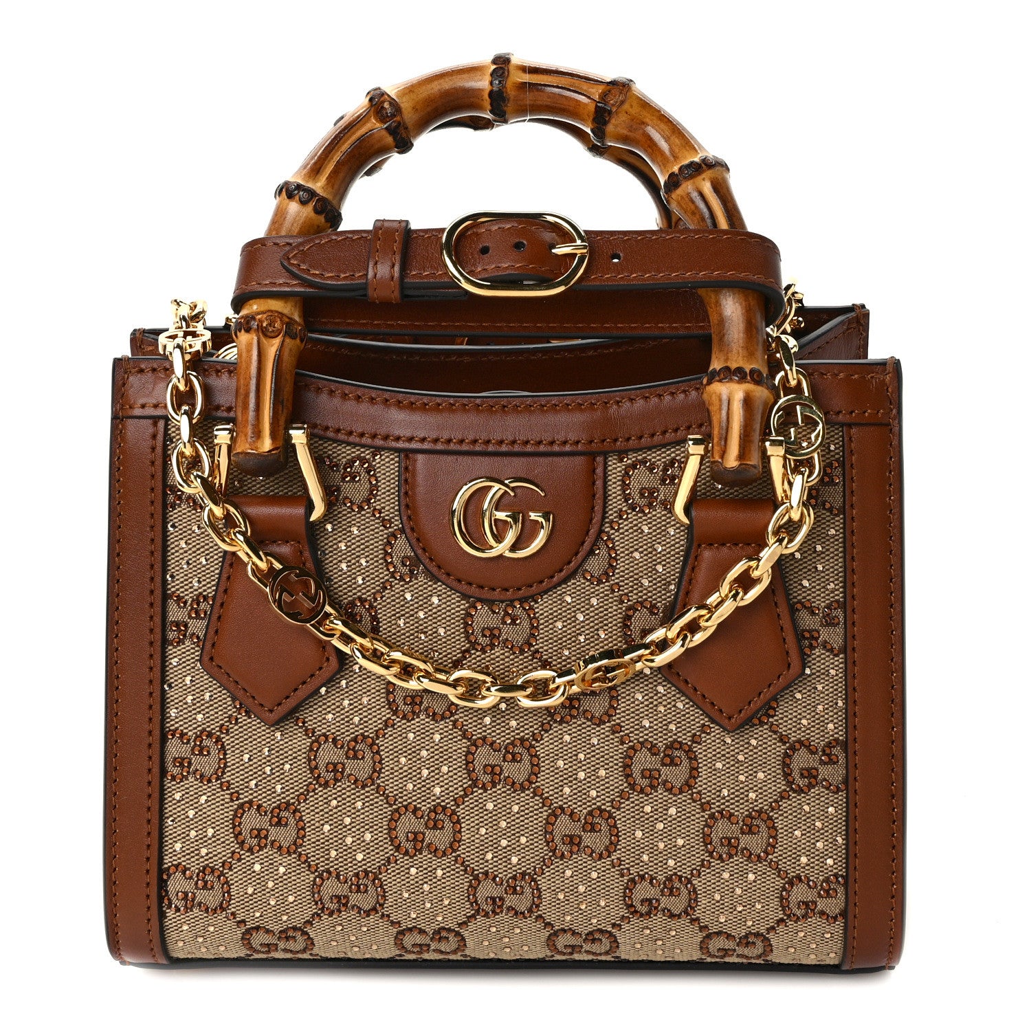 Gucci New Canvas Charisma Calfskin Crystal GG Monogram Mini Diana Tote Bag Camel Ebony 1 of 11