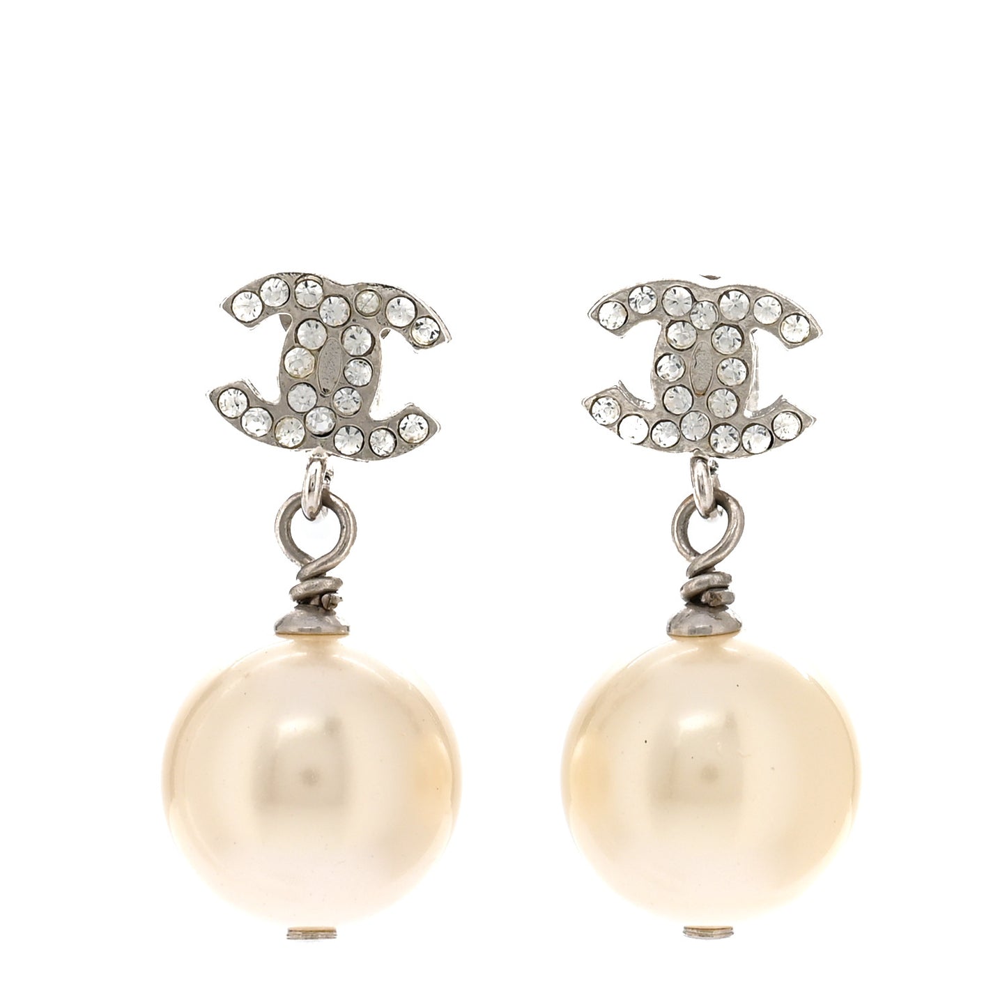 Crystal Pearl CC Drop Earrings Silver Pearly White