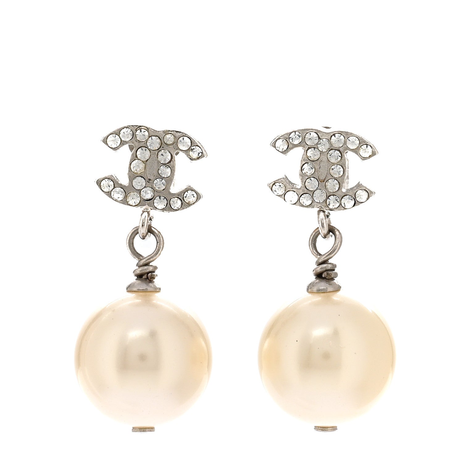 Chanel Crystal Pearl CC Drop Earrings Silver Pearly White 1 of 5