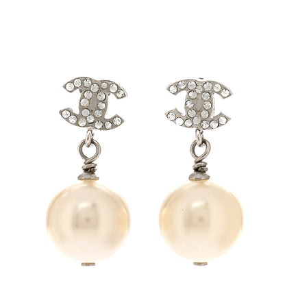Chanel Crystal Pearl CC Drop Earrings Silver Pearly White 1 of 5