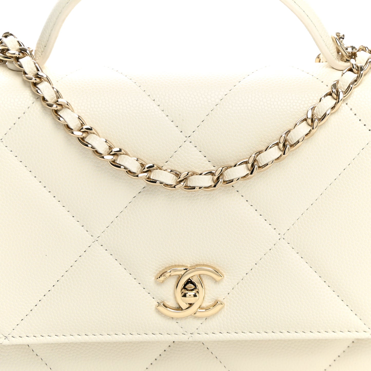 Shiny Caviar Quilted Turnlock Top Handle Wallet On Chain WOC White