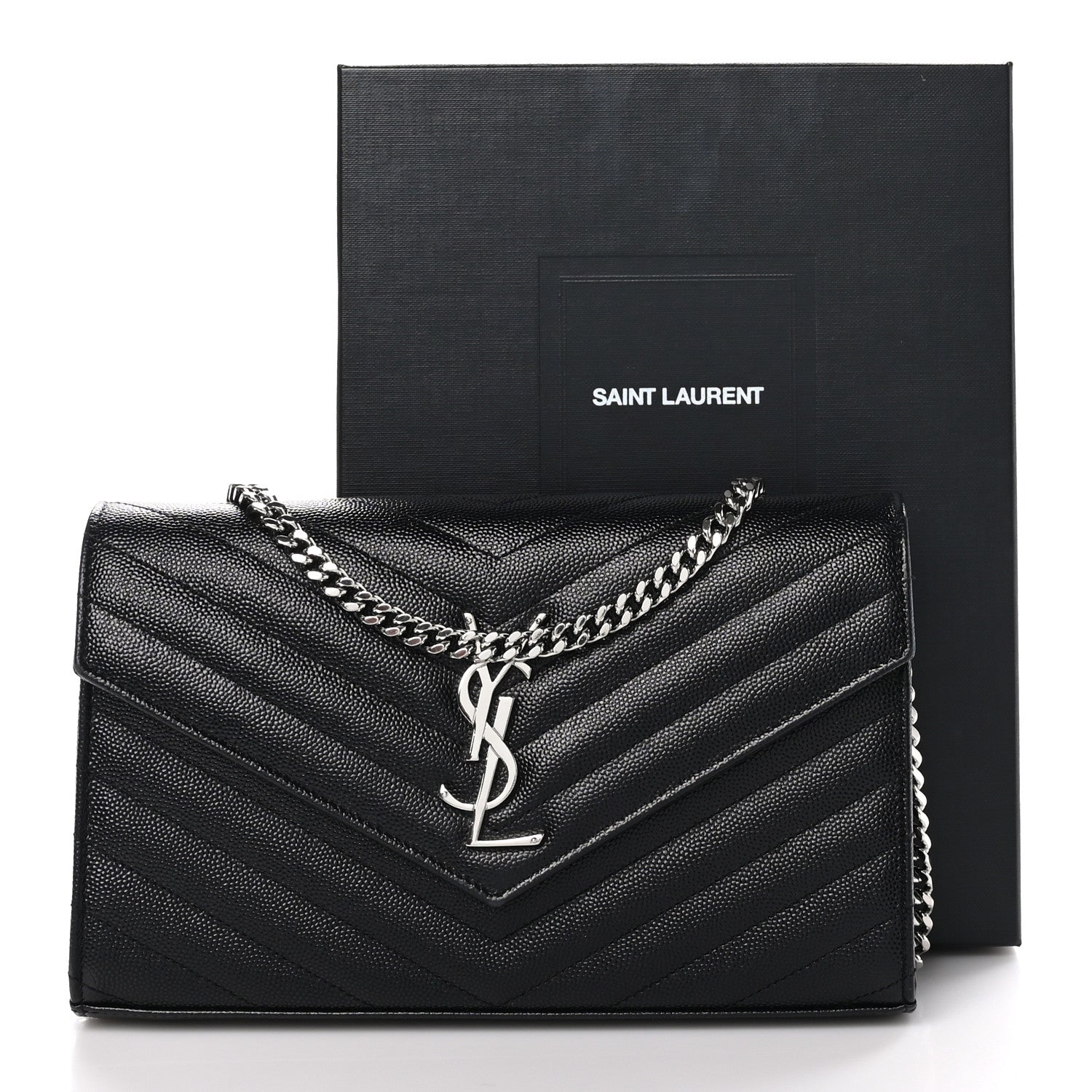 Saint Laurent Grain De Poudre Matelasse Chevron Monogram Chain Wallet Black 11 of 11
