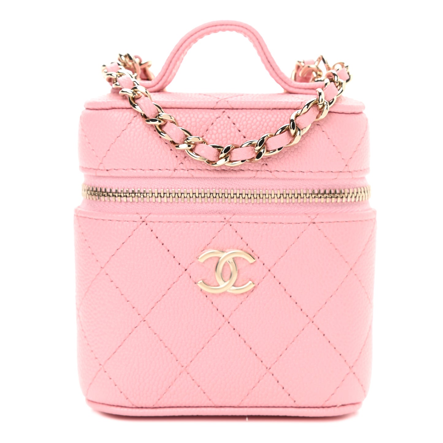 Caviar Quilted Small Handle With Care Vanity Case With Chain Pink