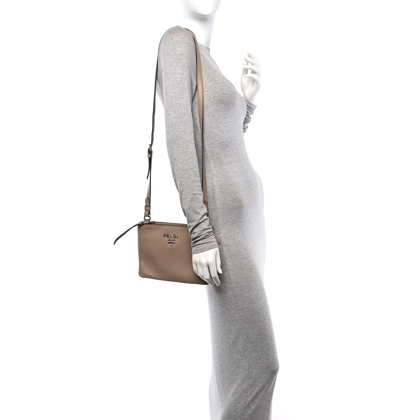 Vitello Daino Double Zip Crossbody Bag Cammeo