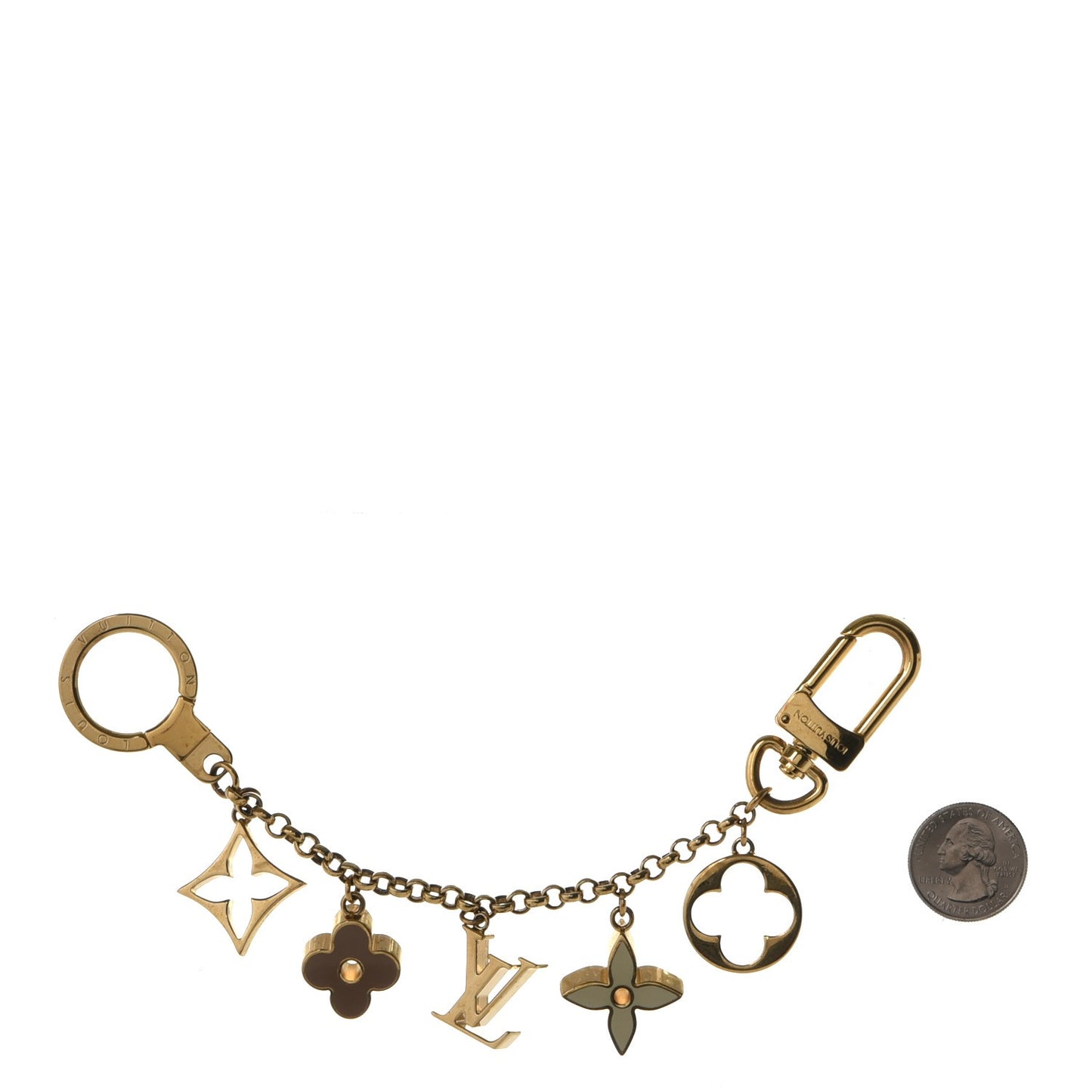 Brass Enamel Fleur De Monogram Bag Charm Chain Gold
