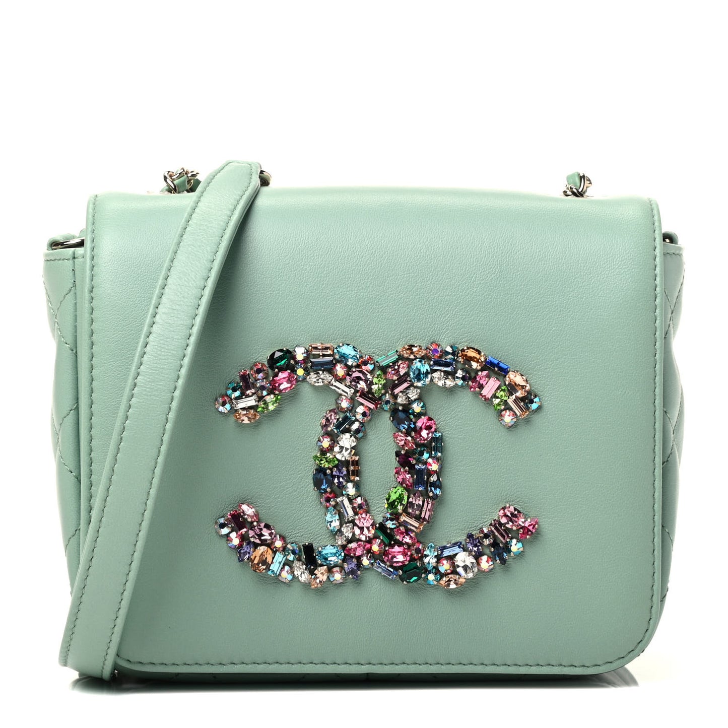Lambskin Calfskin Quilted Strass Mania Mini Square Flap Light Green
