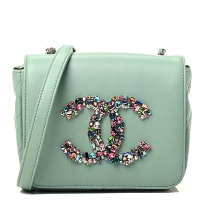 Chanel Lambskin Calfskin Quilted Strass Mania Mini Square Flap Light Green 1 of 9