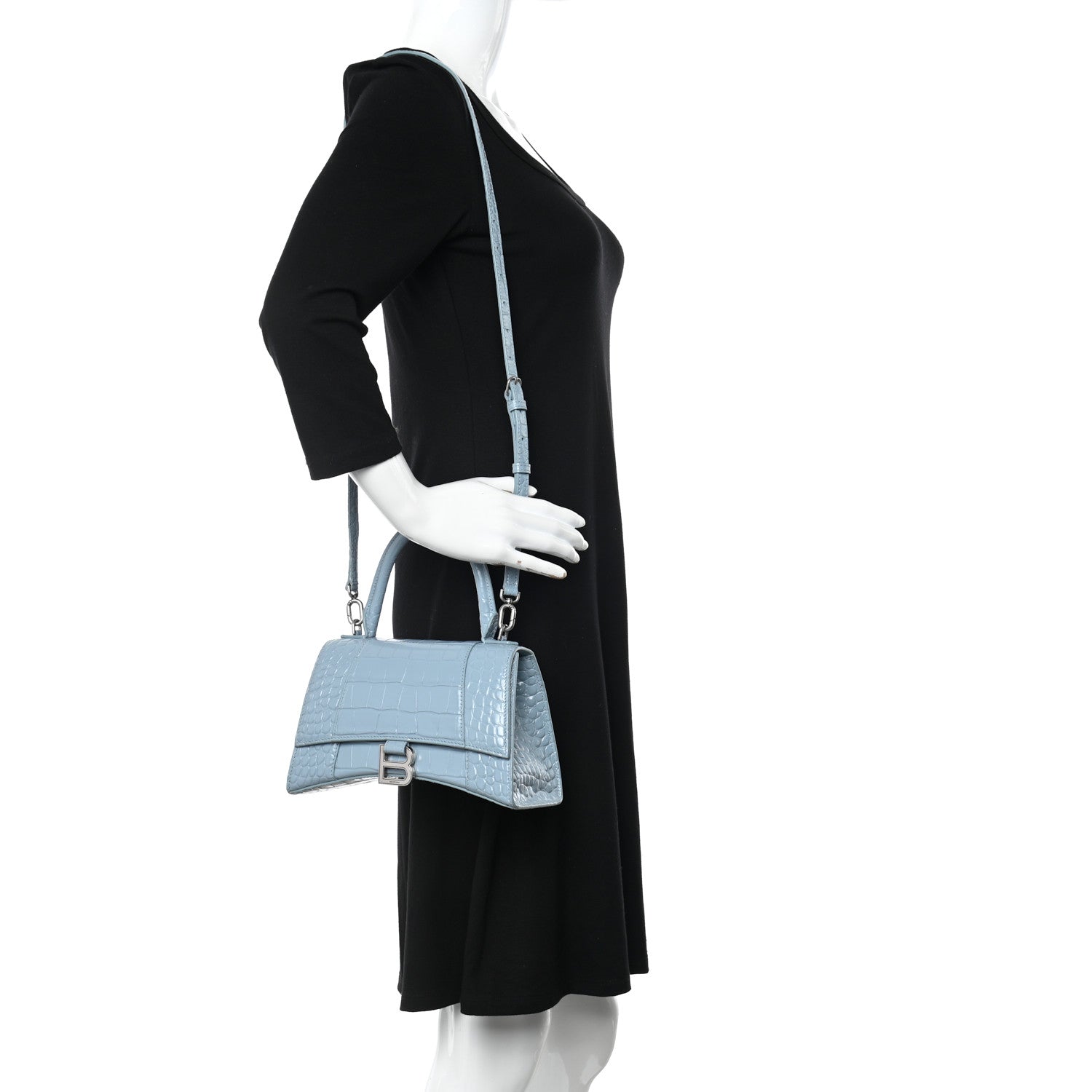 Balenciaga Shiny Calfskin Crocodile Embossed Small Hourglass Top Handle Bag Blue Grey 2 of 19