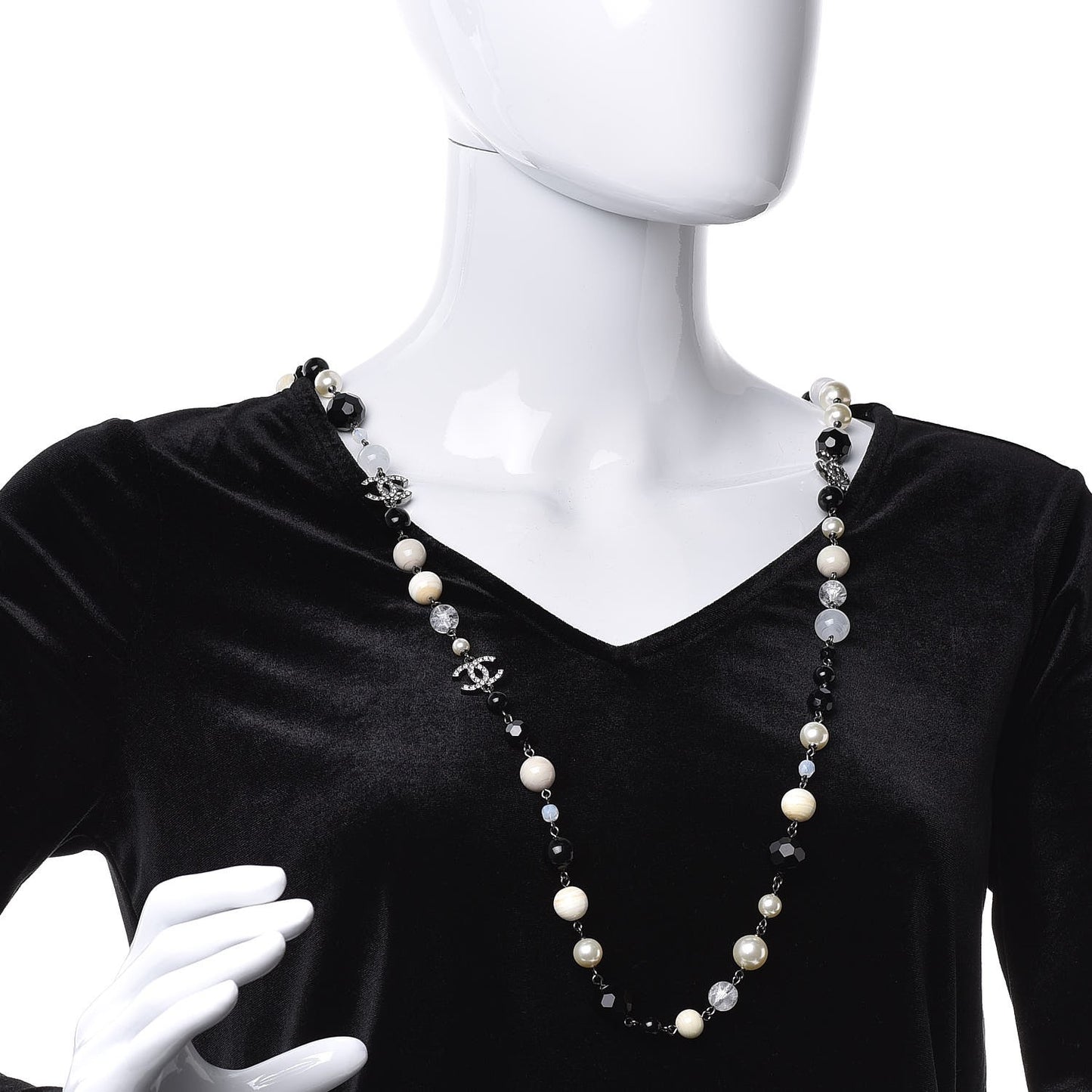 Pearl Crystal Bead CC Long Necklace Black