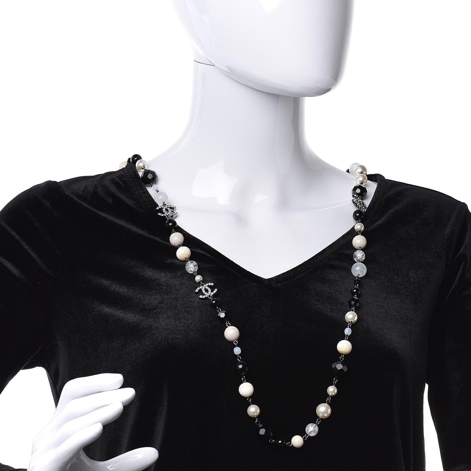 Chanel Pearl Crystal Bead CC Long Necklace Black 2 of 6