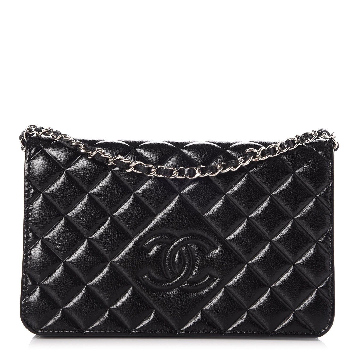 Chanel Goatskin Quilted Diamond CC Wallet On Chain WOC Black 1 of 10