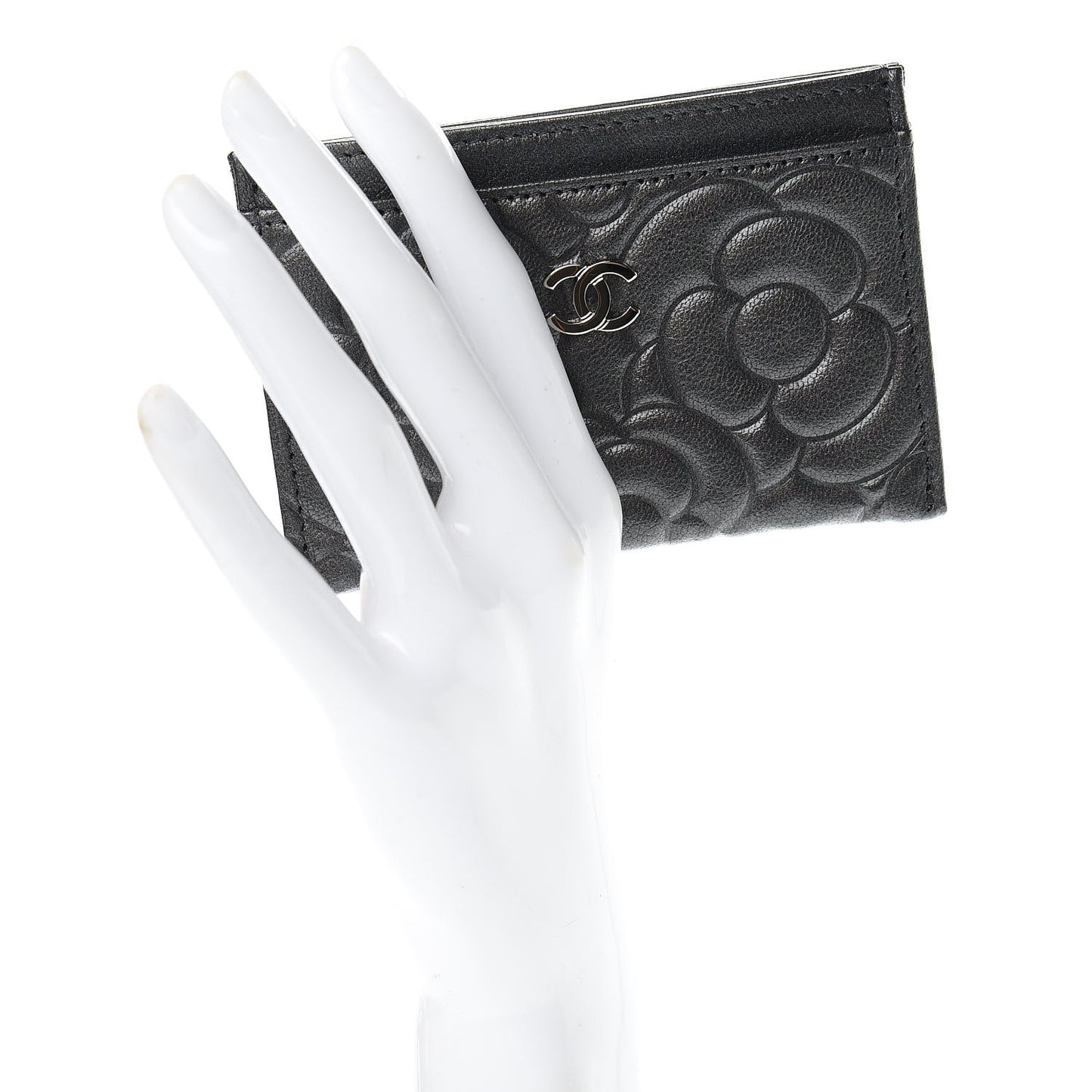 Goatskin Camellia Embossed Card Holder Anthracite