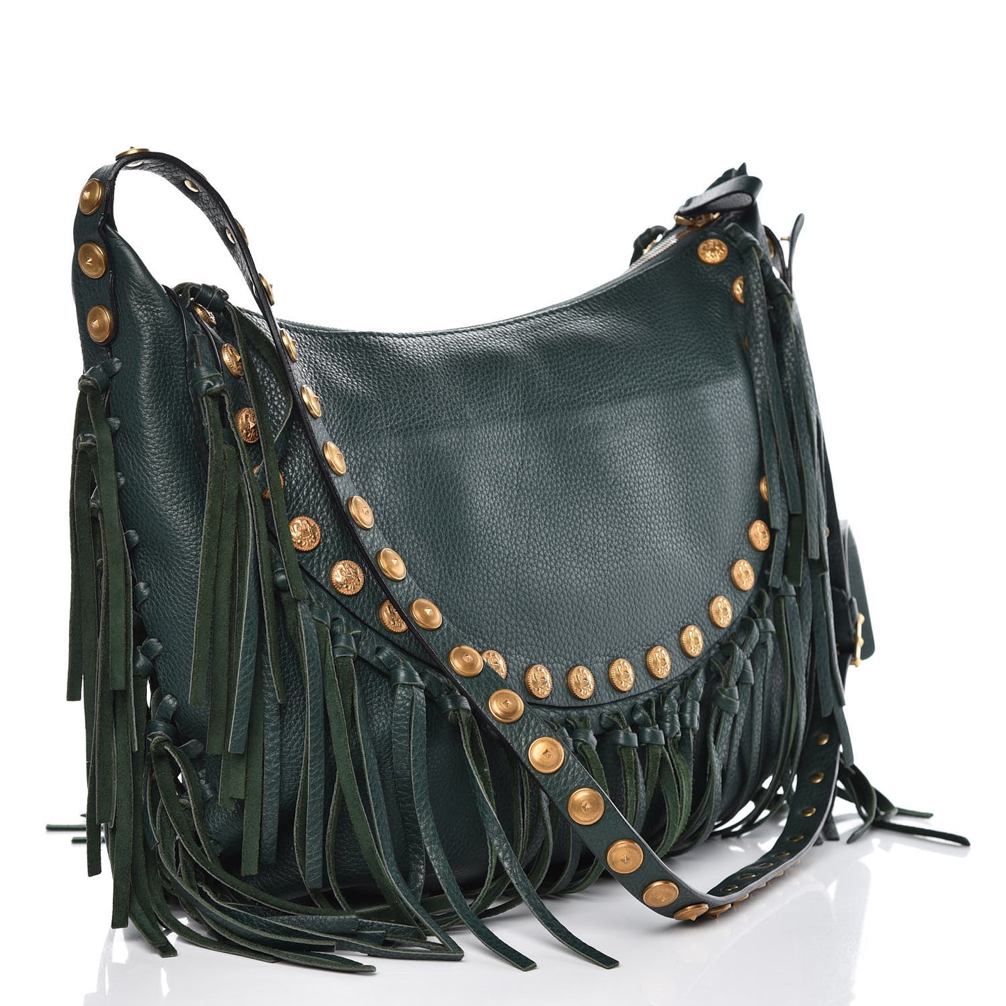 Grained Calfskin C-Rockee Fringe Hobo Light Emerald