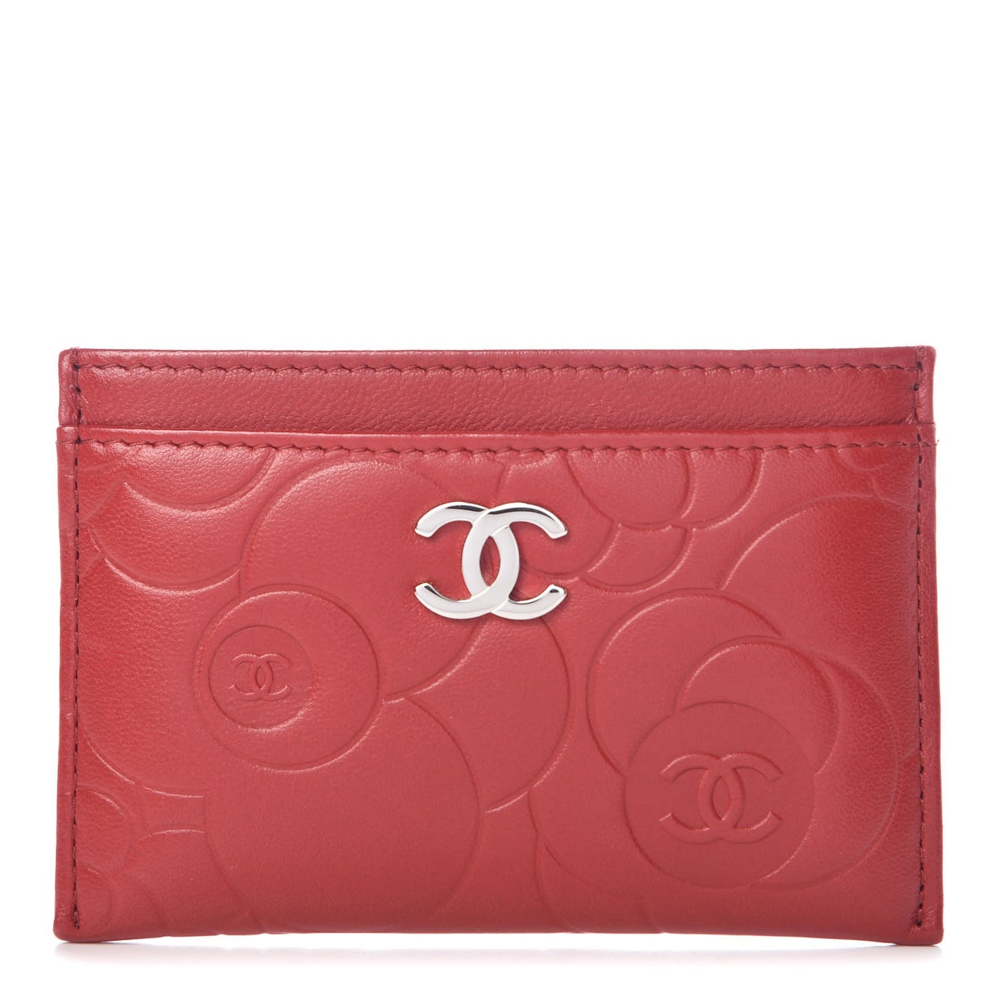Lambskin Camellia Embossed Card Holder Red