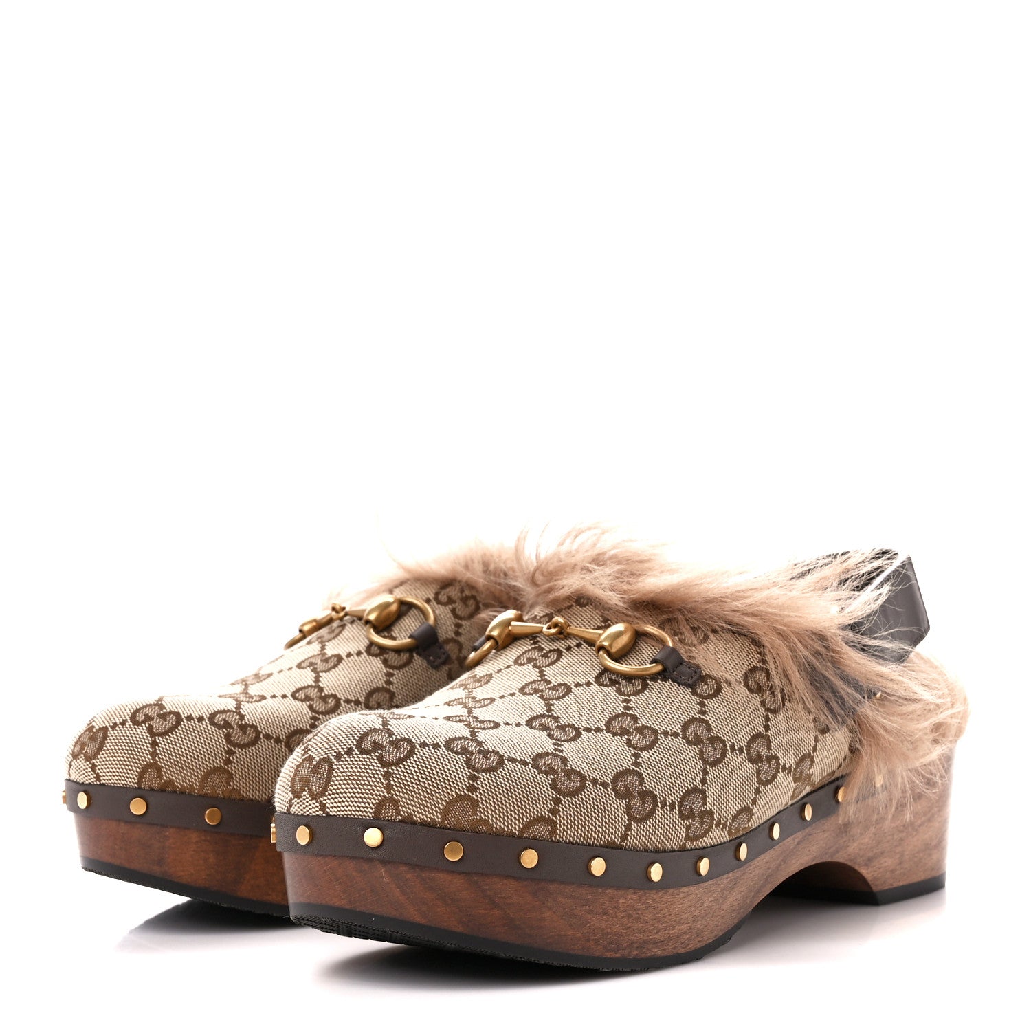 Gucci Monogram Calfskin Fur Horsebit Amstel Slingback Clogs 41 Beige Ebony New Acero Naturale 3 of 8