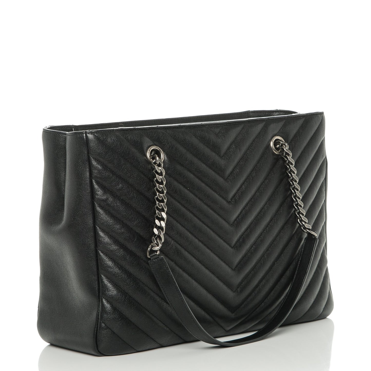 Sheepskin Matelasse Chevron Large Monogram Shopping Bag Black