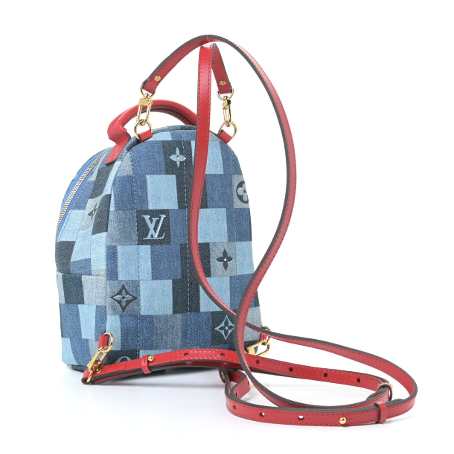 Denim Damier Monogram Patchwork Palm Springs Backpack Mini Blue Rouge