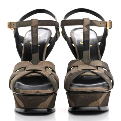 Saint Laurent Suede Camouflage Print Tribute 105 Platform Sandals 37 Green 3 of 10
