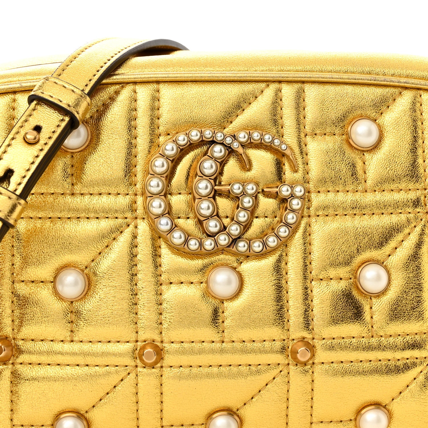 Gucci Metallic Calfskin Matelasse Studded Small Pearly GG Marmont Chain Shoulder Bag Gold 8 of 10