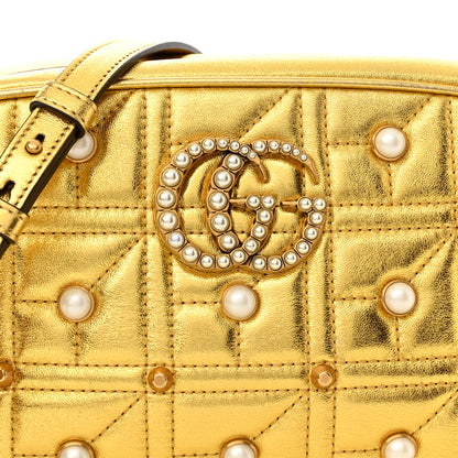 Gucci Metallic Calfskin Matelasse Studded Small Pearly GG Marmont Chain Shoulder Bag Gold 8 of 10