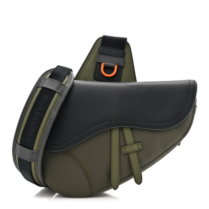 Christian Dior X SACAI Grained Calfskin Technical Fabric Mens Saddle Bag Olive Navy Blue 1 of 11
