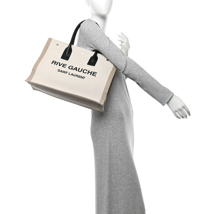 Saint Laurent Linen Calfskin Small Rive Gauche Tote Greggio Natural 2 of 10