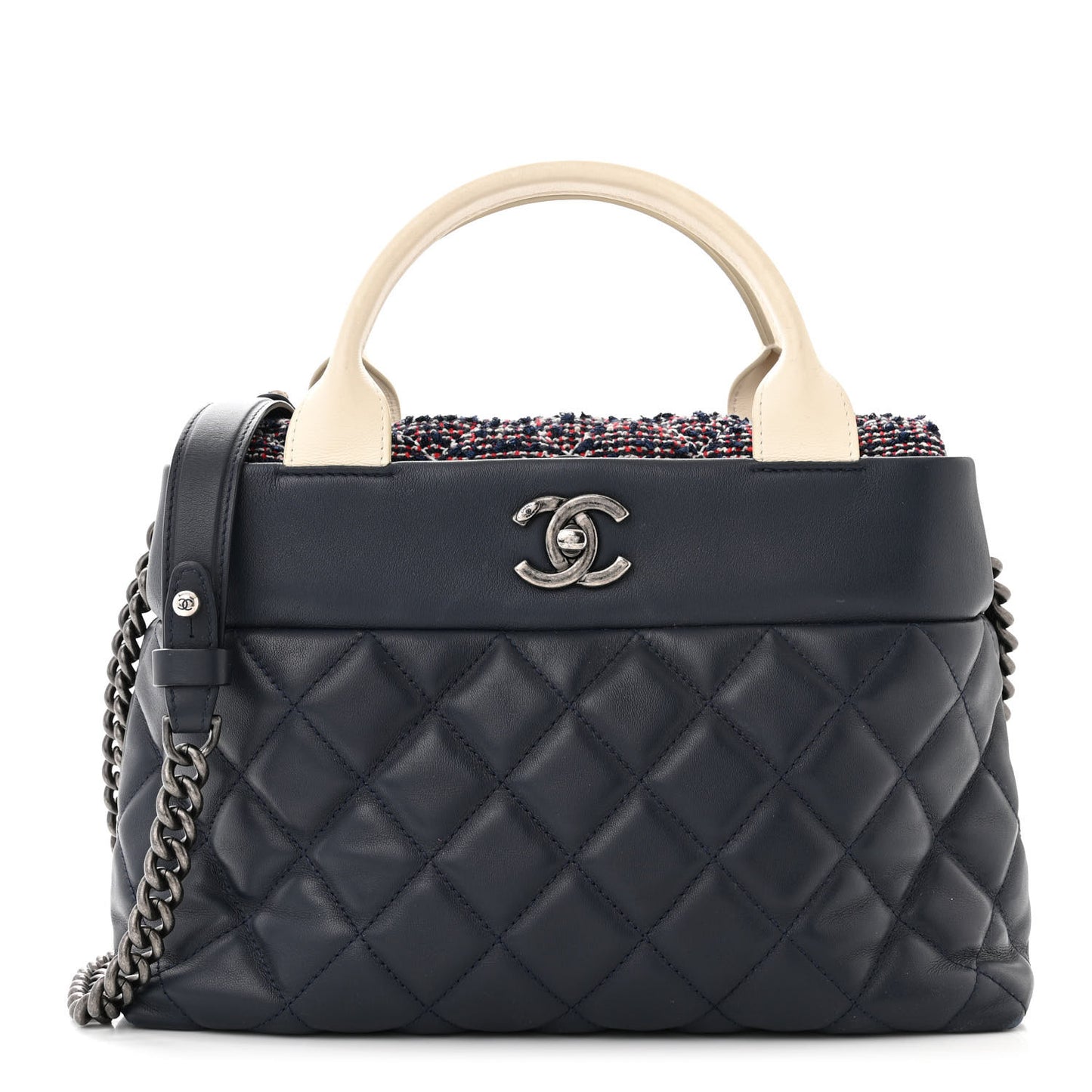 Calfskin Tweed Quilted Small Tote Navy Multicolor
