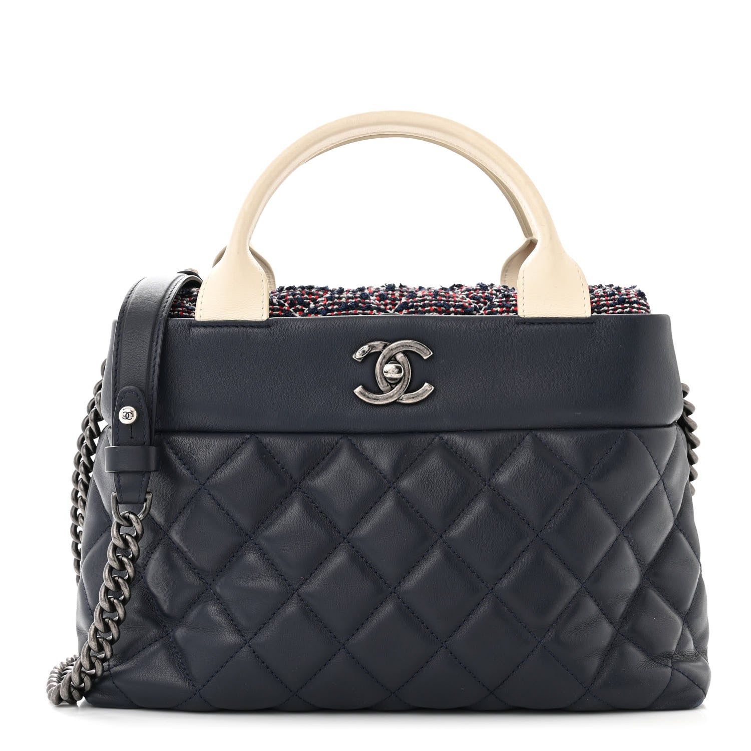 Chanel Calfskin Tweed Quilted Small Tote Navy Multicolor 1 of 12