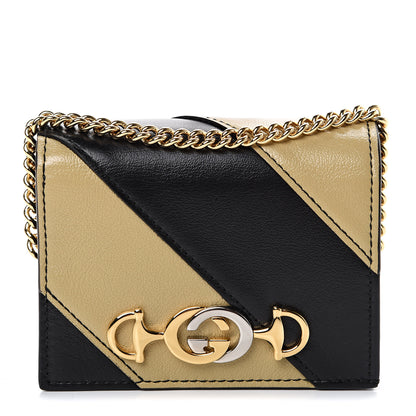 Gucci Calfskin Diagonal Striped Zumi Chain Card Case Wallet Black Beige 1 of 6