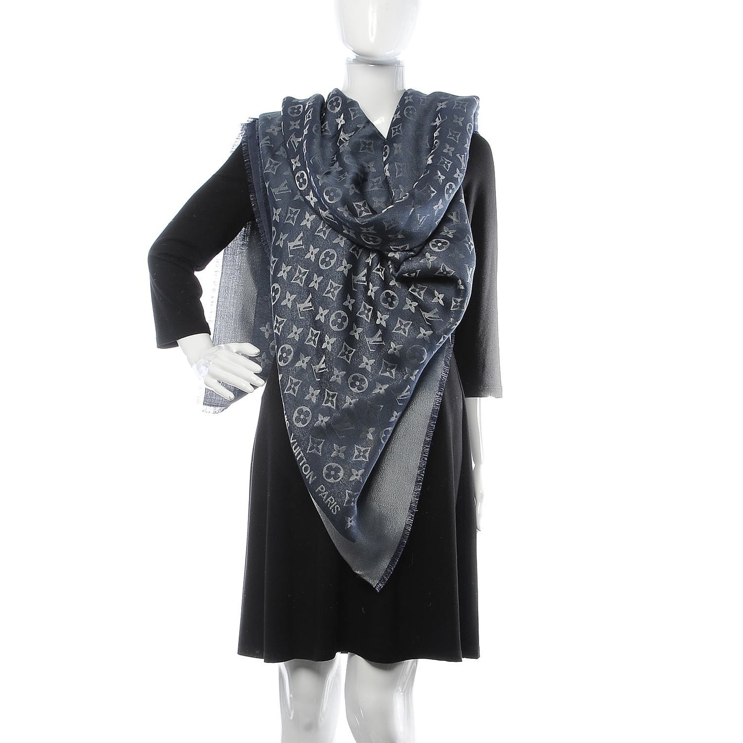 Silk Metal Wool Monogram Shawl Blue