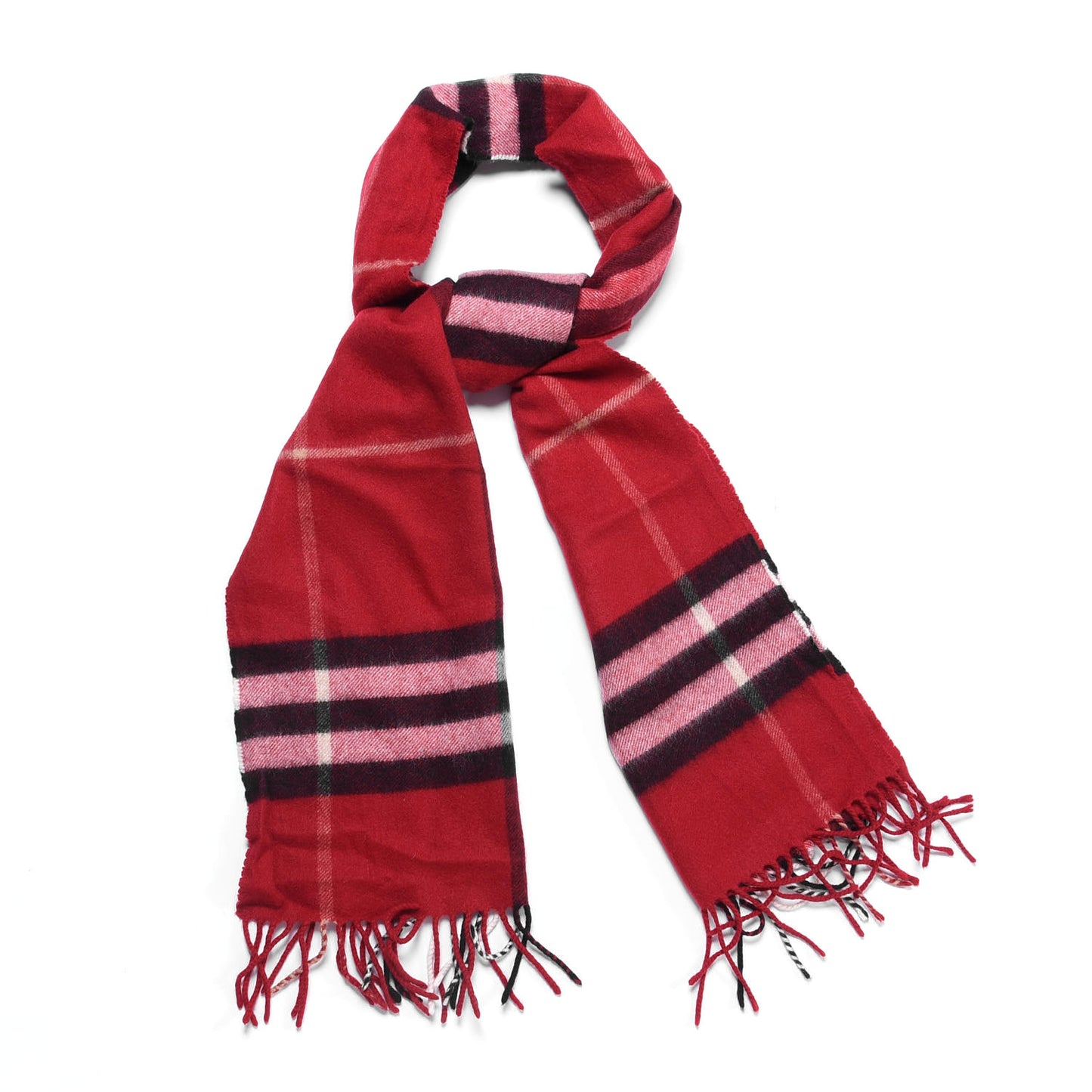 Cashmere Giant Check Fringe Scarf Military Red