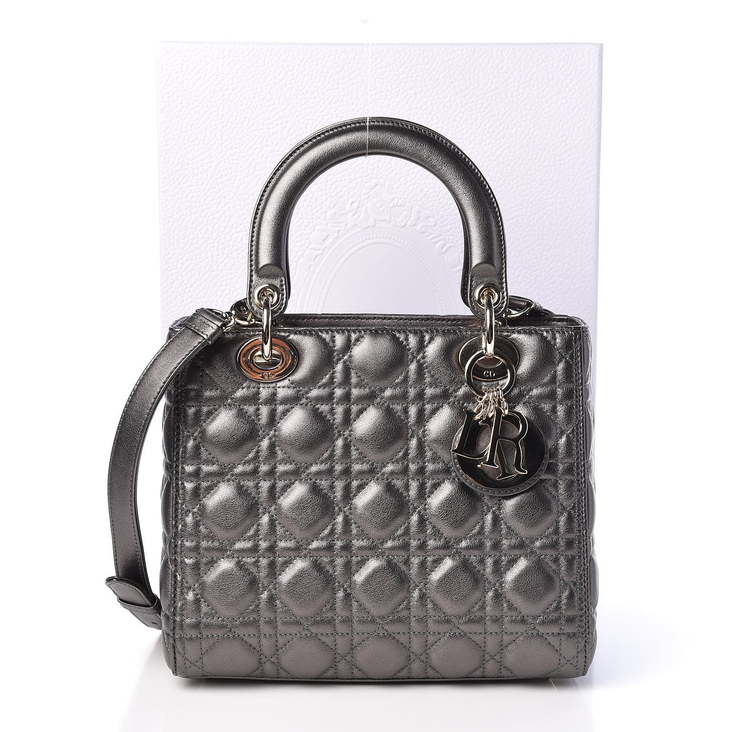 Metallic Lambskin Cannage Medium Lady Dior Gunmetal