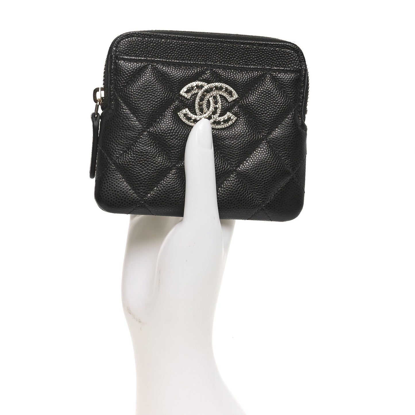 Caviar Quilted Crystal Zip Card Holder Wallet Black