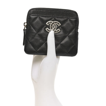 Chanel Caviar Quilted Crystal Zip Card Holder Wallet Black 2 of 9