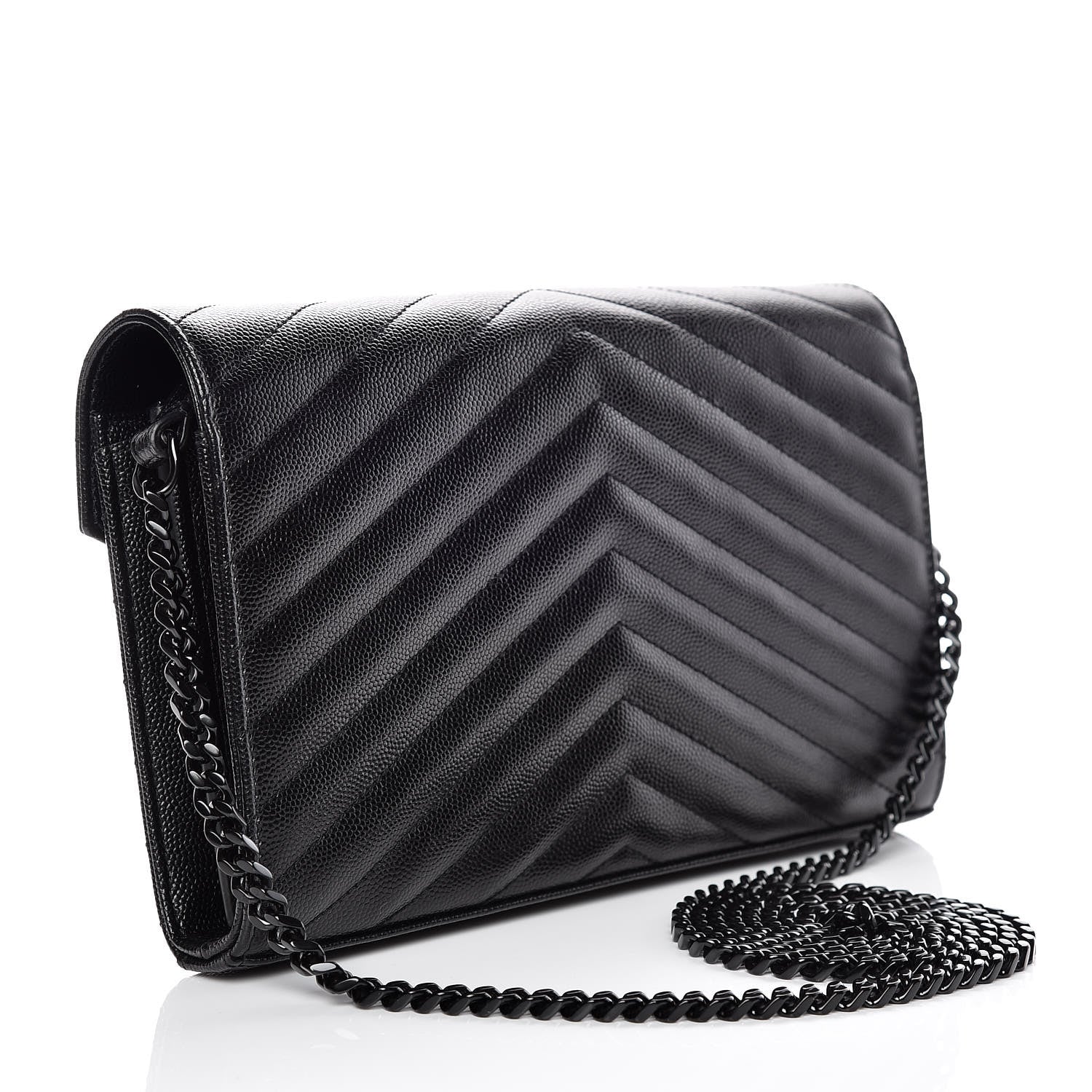 Saint Laurent Grain De Poudre Matelasse Chevron Monogram Chain Wallet Black 3 of 10