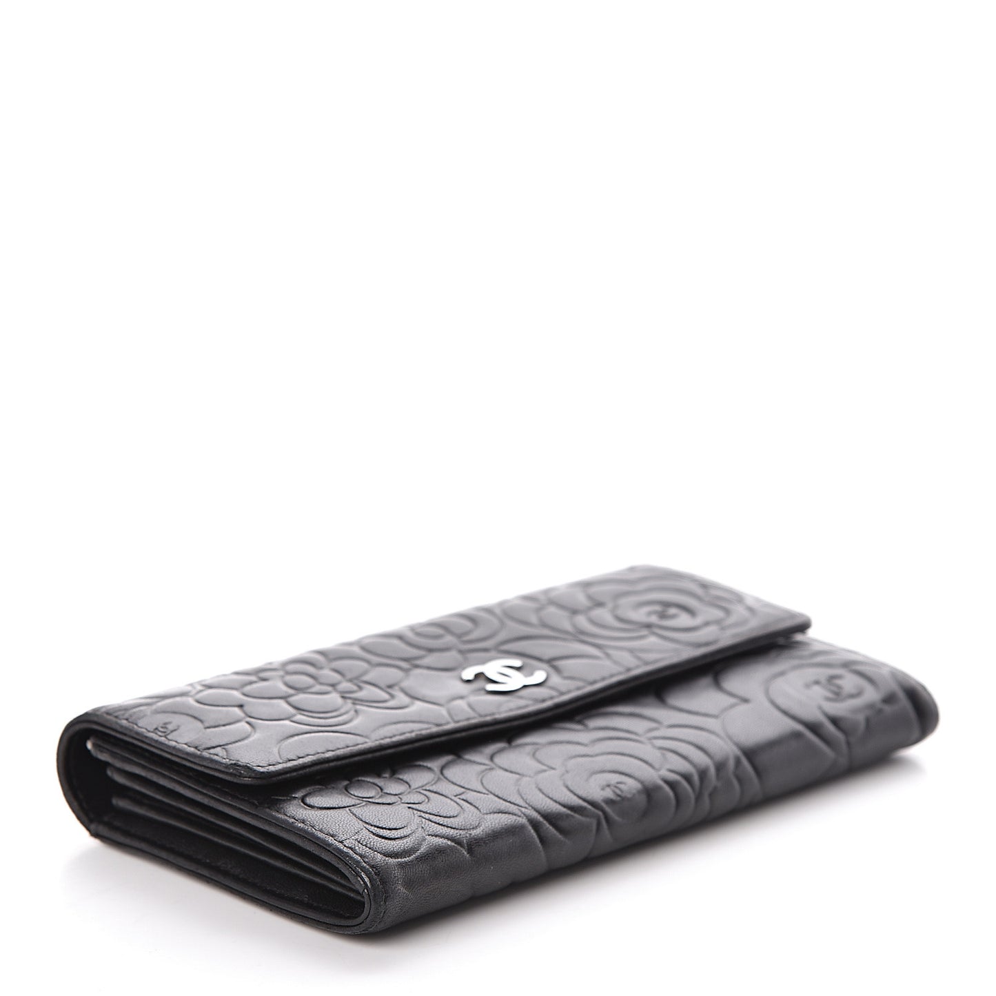 Lambskin Embossed Camellia Large Gusset Flap Wallet Black