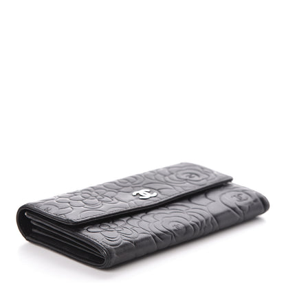 Chanel Lambskin Embossed Camellia Large Gusset Flap Wallet Black 4 of 14